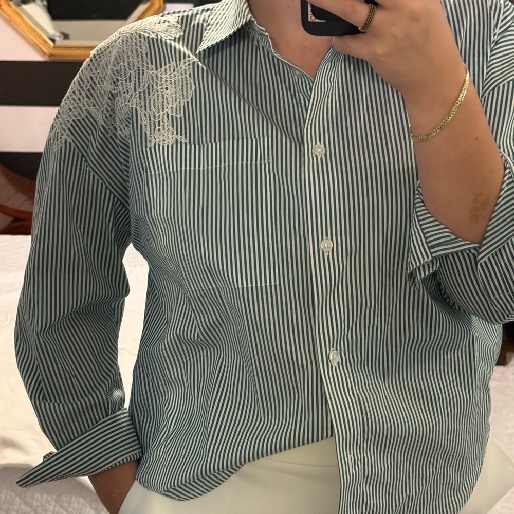 Christian Lacroix Women's Cotton Lace Blue Stripe Button Down
Blouse